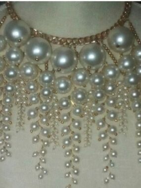Gold-Accented White Pearl Fringe Statement Necklace Weeping willow